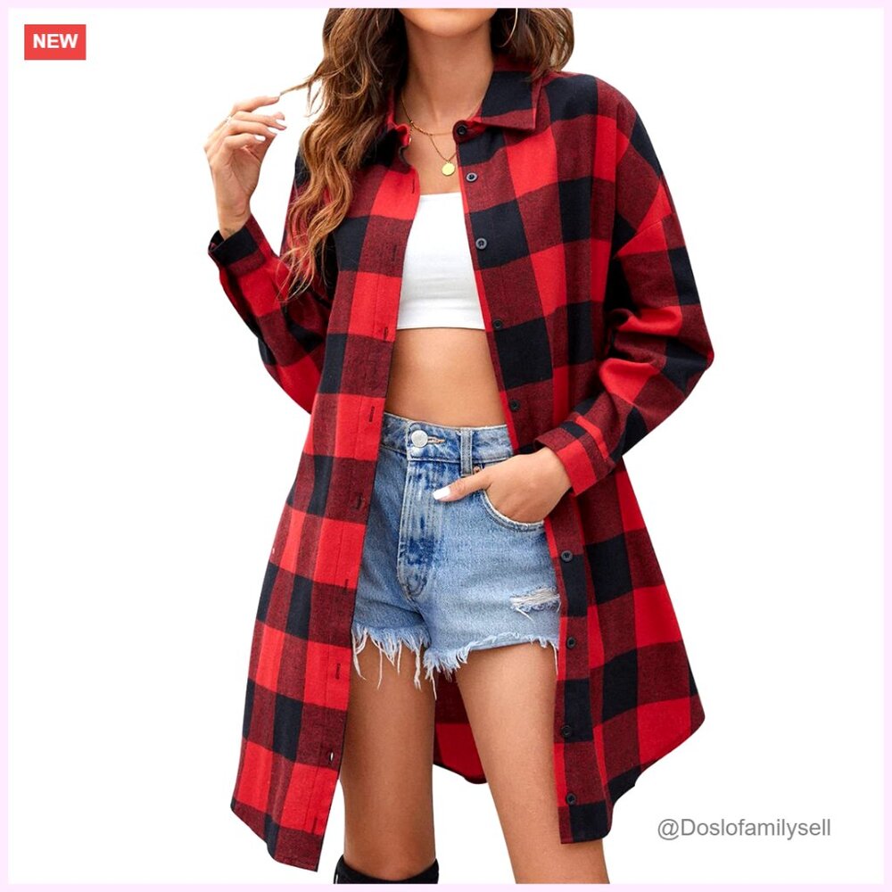 Oversized Button Down Shirt Jacket Plaid Flannel … - image 1